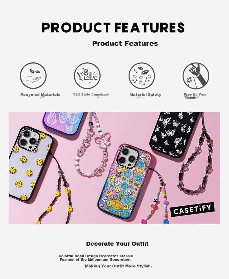CASETIFY Silver And White Pearl Phone Chain, Suitable for All IPhone Series, Portable Phone Pendant Accessory 8