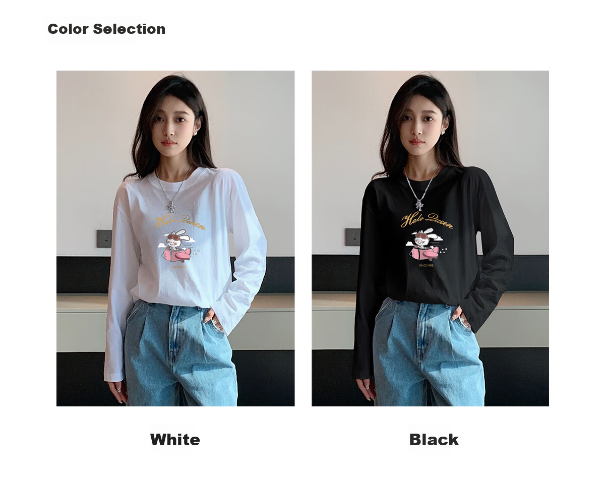Halo Queen Women's Summer Short-Sleeve Round Neck T-Shirt, Cute Rabbit Print T-Shirt, Loose-Fitting Slimming Top, Women's H143T1417 17
