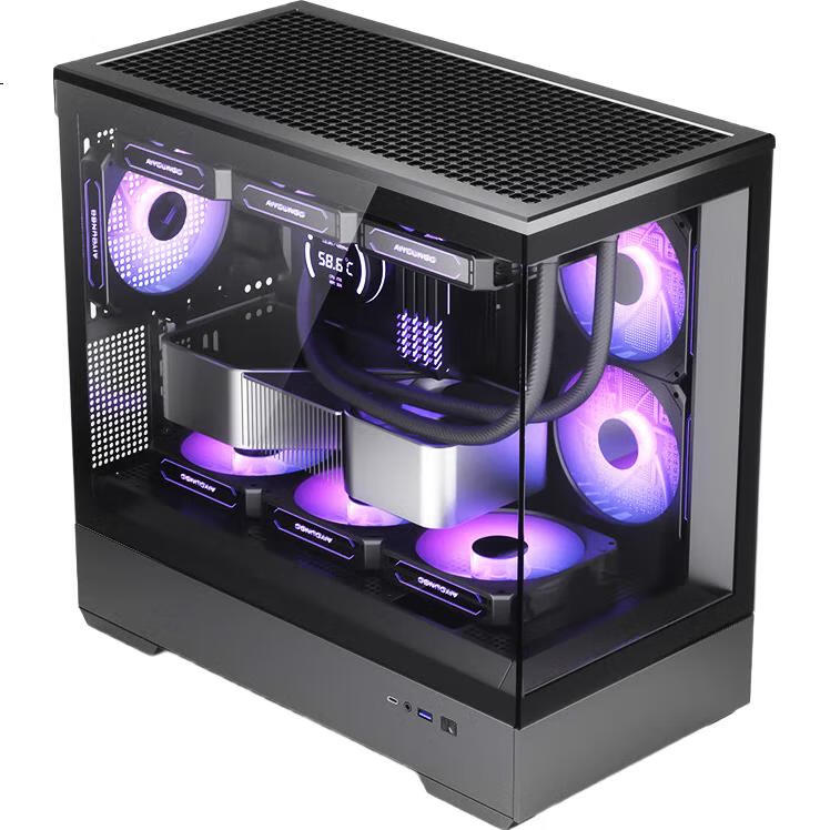 Aigo Starry Sky Black Gaming Desktop Computer Case, Supports 360 Water Cooling, M-ATX Motherboard, Four-Sided Quick Release, 270° Panoramic View, Compatible with 5090 Graphics Card