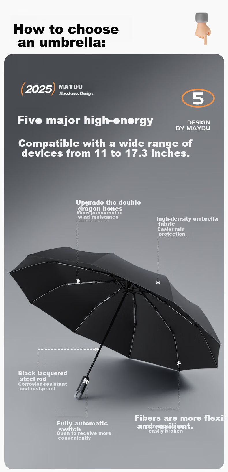 MAYDU Fully Automatic 10-Rib Umbrella, Men's Business Folding Umbrella for Sun And Rain, Extra Large Reinforced Tri-Fold Double Umbrella M3077 Navy Blue 4