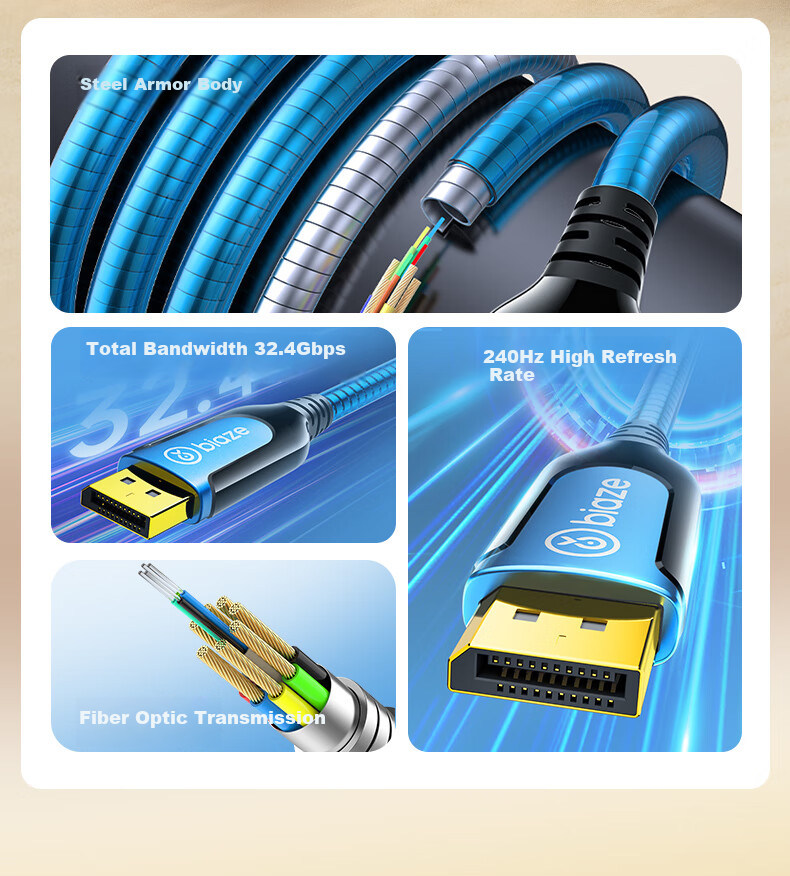 BIAZE Steel Armor Fiber Optic DP Cable Version 1.4, 15 Meters, 8K60Hz 4K144Hz HD DisplayPort Computer Connection for Monitor Projection Large Screen TV Video Cable 2
