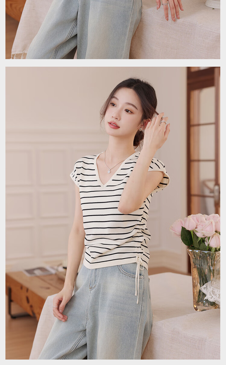 Langsha Women's Striped Short Sleeve T-Shirt Summer New Slim V-Neck Drawstring Top Simple Fashion Ice Silk Knitwear 15