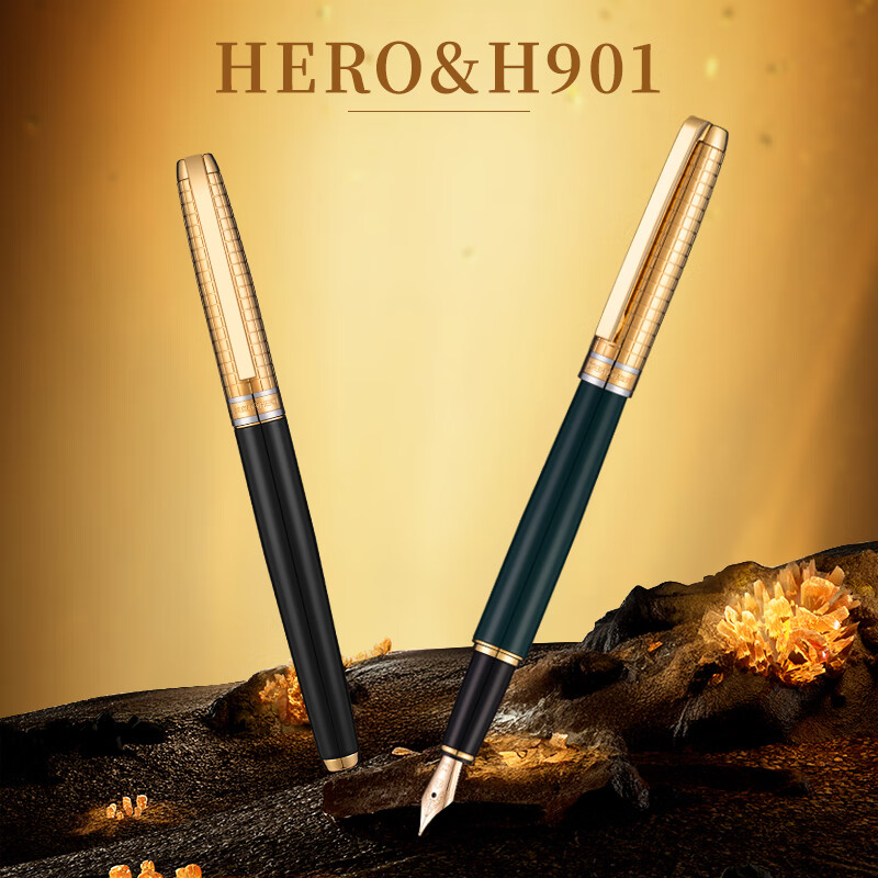 HERO Premium Collector's Fountain Pen H901 Signature Pen, 14K High-End Gold Pen, National Day Birthday Gift, High-End Business Stationery Gift, Black Barrel with Gold Clip