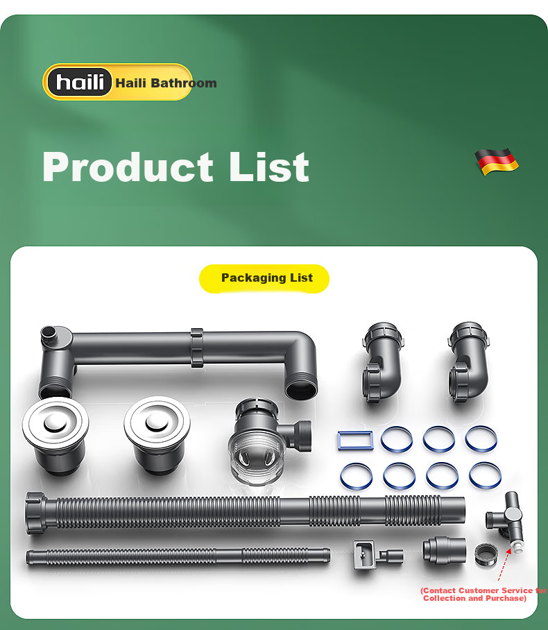 Haili Kitchen Sink Drain Pipe Complete Set, Double Sink 110mm Drainage System, Dishwashing Basin Drainage Pipe Kit Accessories S18 29