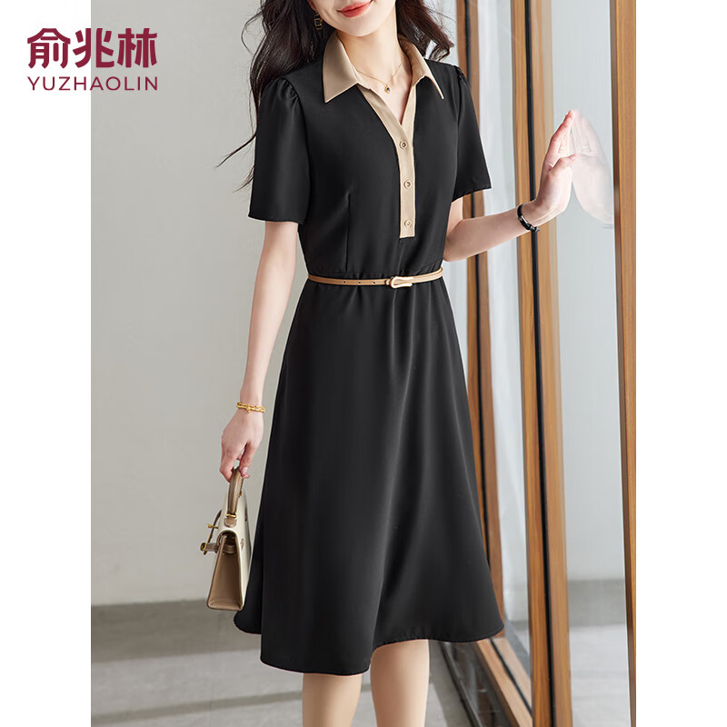 YUZHAOLIN Color Block Short Sleeve Dress for Women, Waist-Cinching, Slimming, Elegant, Fashionable, Lapel Collar, Little Black Dress (With Belt), Y52Q038