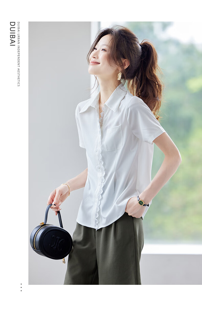 Jeanswest Women's Short Sleeve Shirt 2026 Summer Korean Style Lace Trim Lapel Waist Slimming High-End Pink M 12