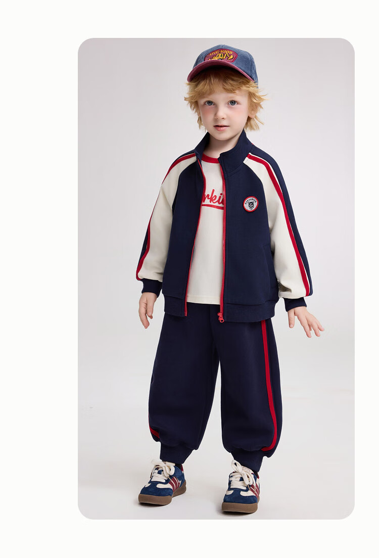 ASK JUNIOR Kids Set 2026 Spring Toddler Colorblock Collegiate Style Top Boys Sports Pants Long Trousers Two-Piece 4
