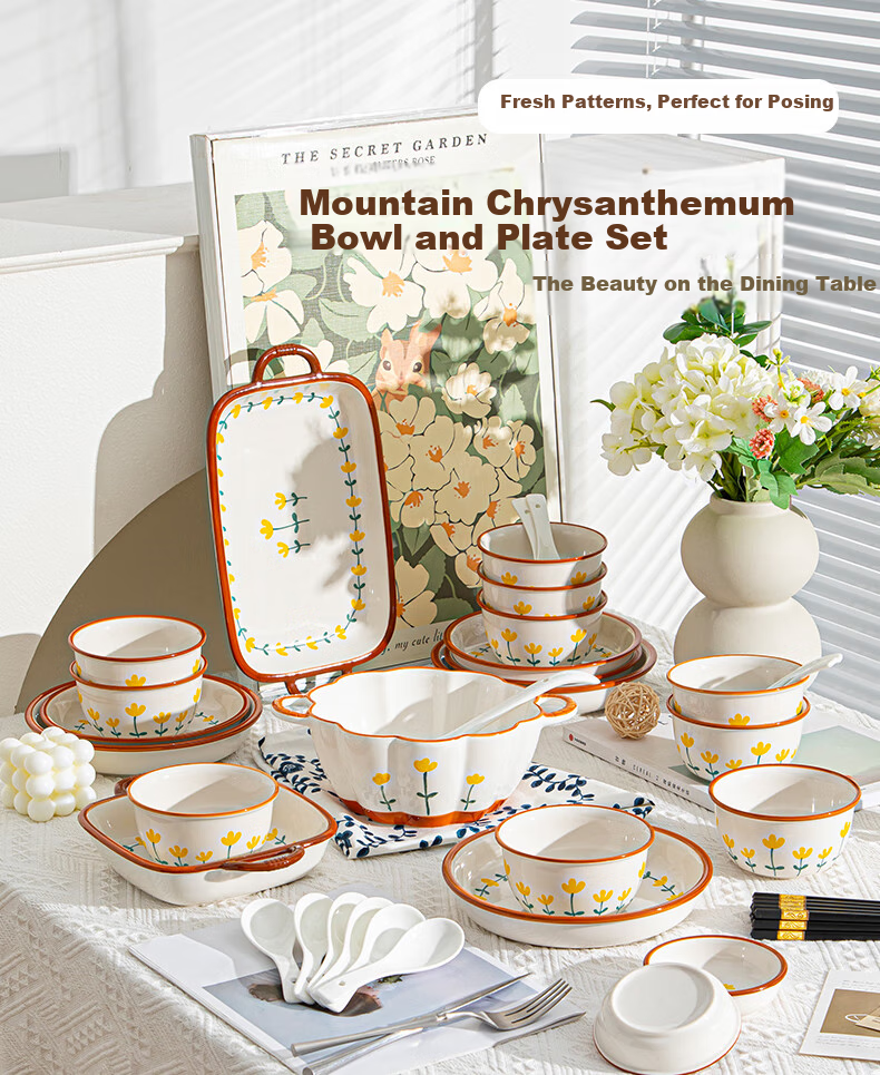 CERAMICS Underglaze Ceramic Bowl And Plate Set, Simple Home Dining Tableware Set, Mountain Chrysanthemum Pattern, 13-Piece Gift Box Set for Mid-Autumn Festival 1