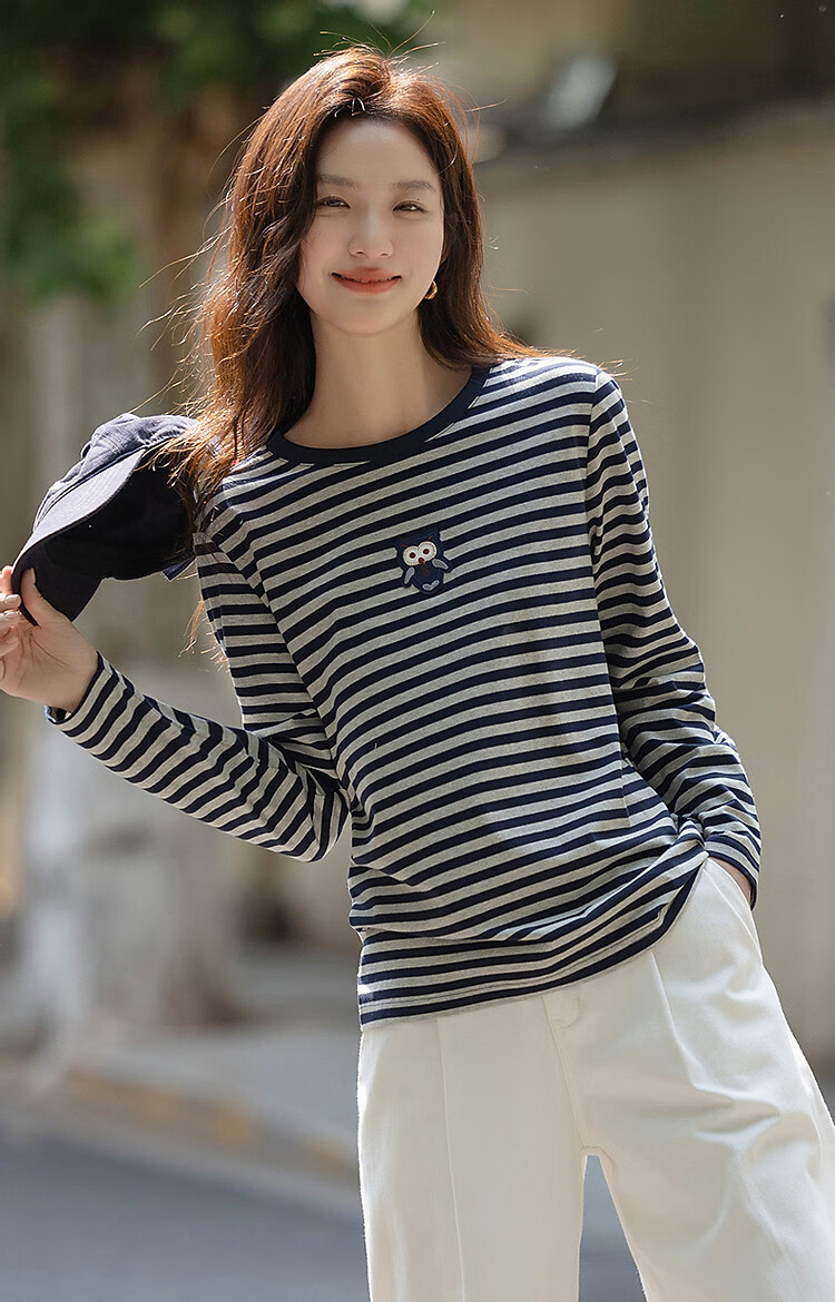 Demna【Striped Liberal】Spring and Autumn Loose Contrast Color Long Sleeve T-shirt Women Cute Patch Embroidery Concealed Flesh Women's T-shirt 11