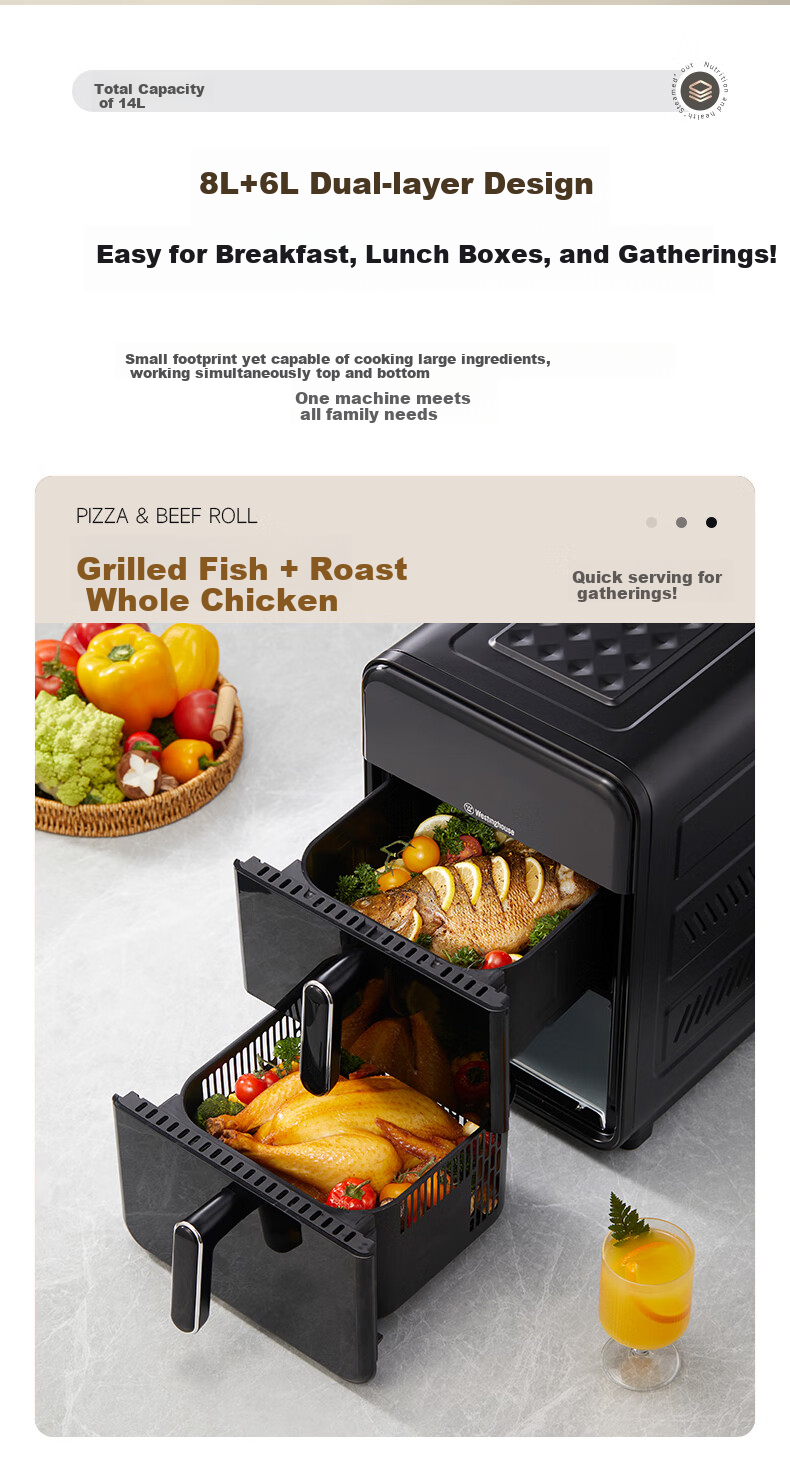 Westinghouse Double-Layer Air Fryer, All-Metal Cavity, 14L Extra Large Capacity, Electric Oven with Upper And Lower Heating Sources, Multifunctional Electric Roasting Oven, WKZ050 9