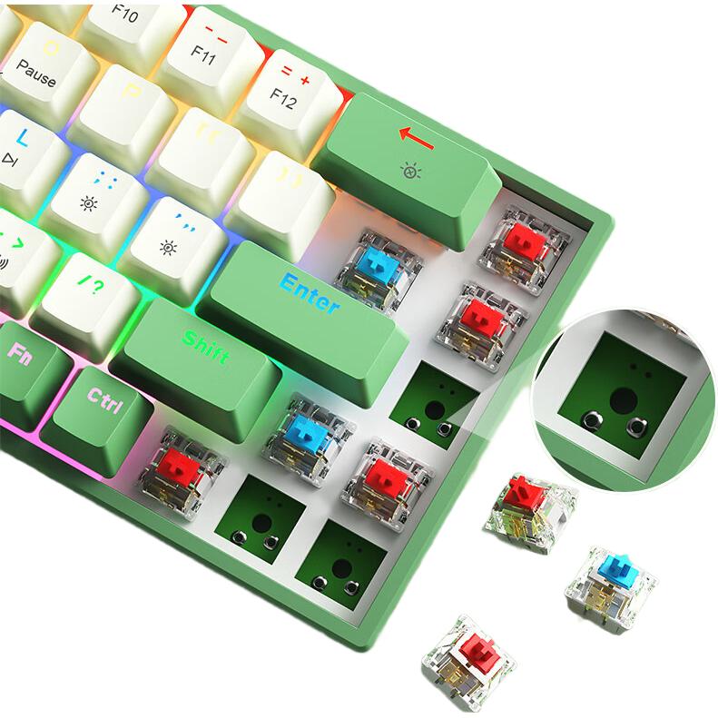 B.O.W Hangshi G68 Проводная механическая клавиатура, игровая, с горячей заменой, офисная, с подсветкой, зеленый и белый чай