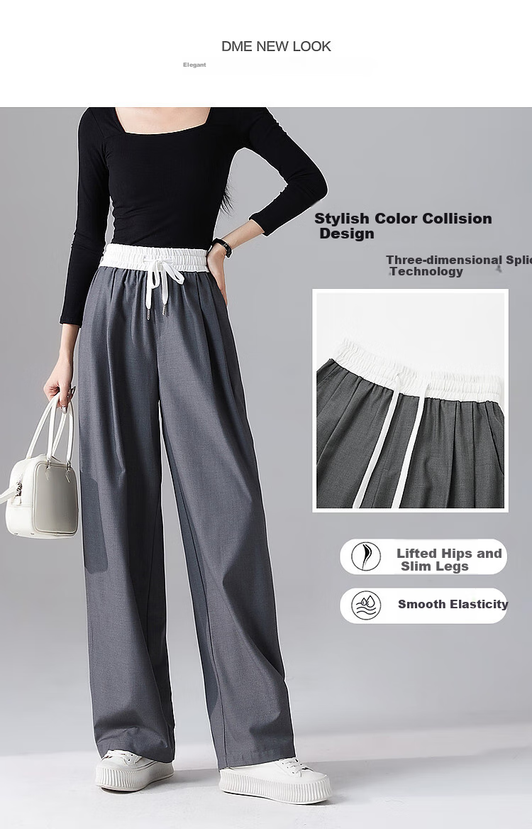 Dme [Sustainable Inclusion] Spring Simple Style Elastic Waist Banana Pants Fashionable Color-Block Spliced Women's Casual Pants 3