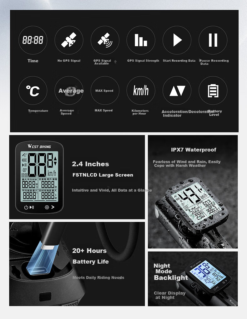 WestBiking XQ2 Road Bike Bicycle GPS Smart Wireless Computer, Quick Connection Mountain Bike Odometer Cycling Equipment 2