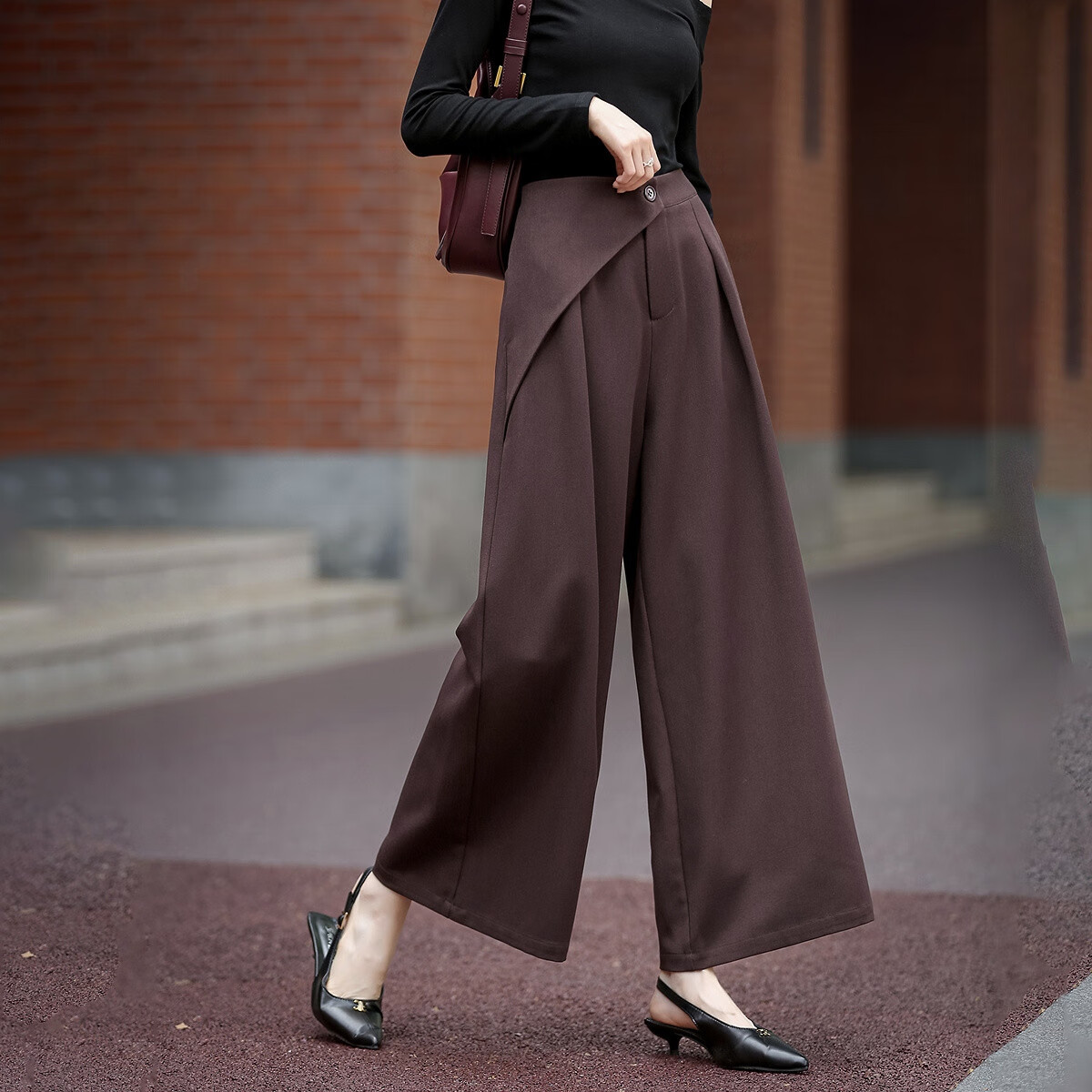 Dme [Relaxed Female Writer] Autumn Simple Style Patchwork Pleated Waist Wide-Leg Pants Petite Women's Casual Trousers