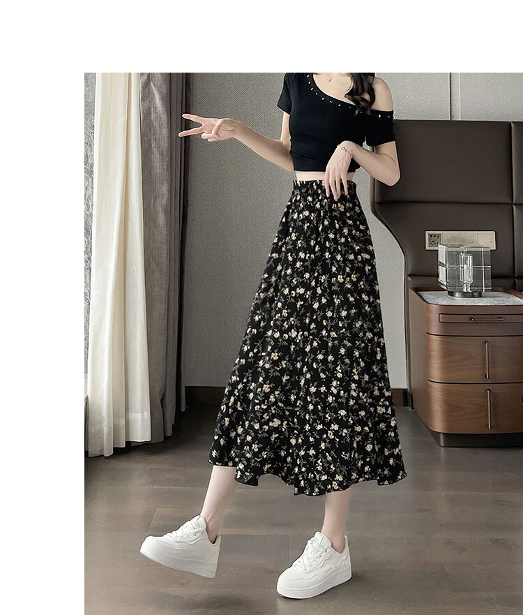 Awakening Paradise 2026 Summer New Slimming A-Line Mid-Length Skirt White Base Black Floral One Size 11