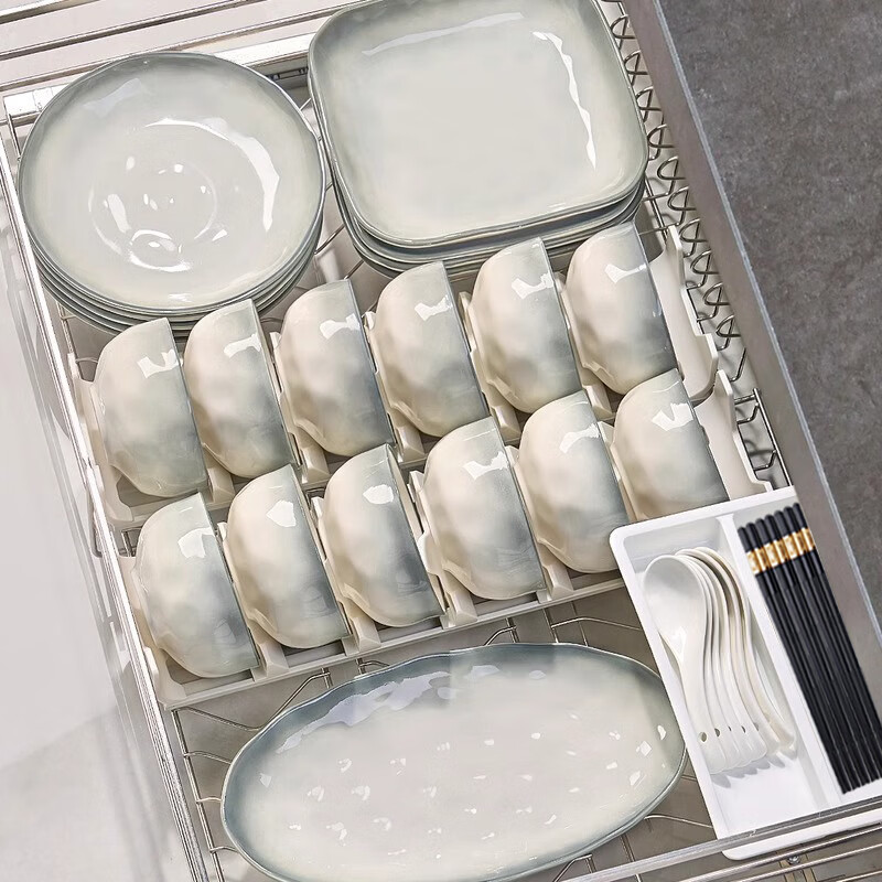 LOOKING HOME Ceramic Bowl And Plate Set with Underglaze Color, Simple Home Dining Tableware Set, Housewarming Gift, Smoky Rain Ballad 42-Piece Set