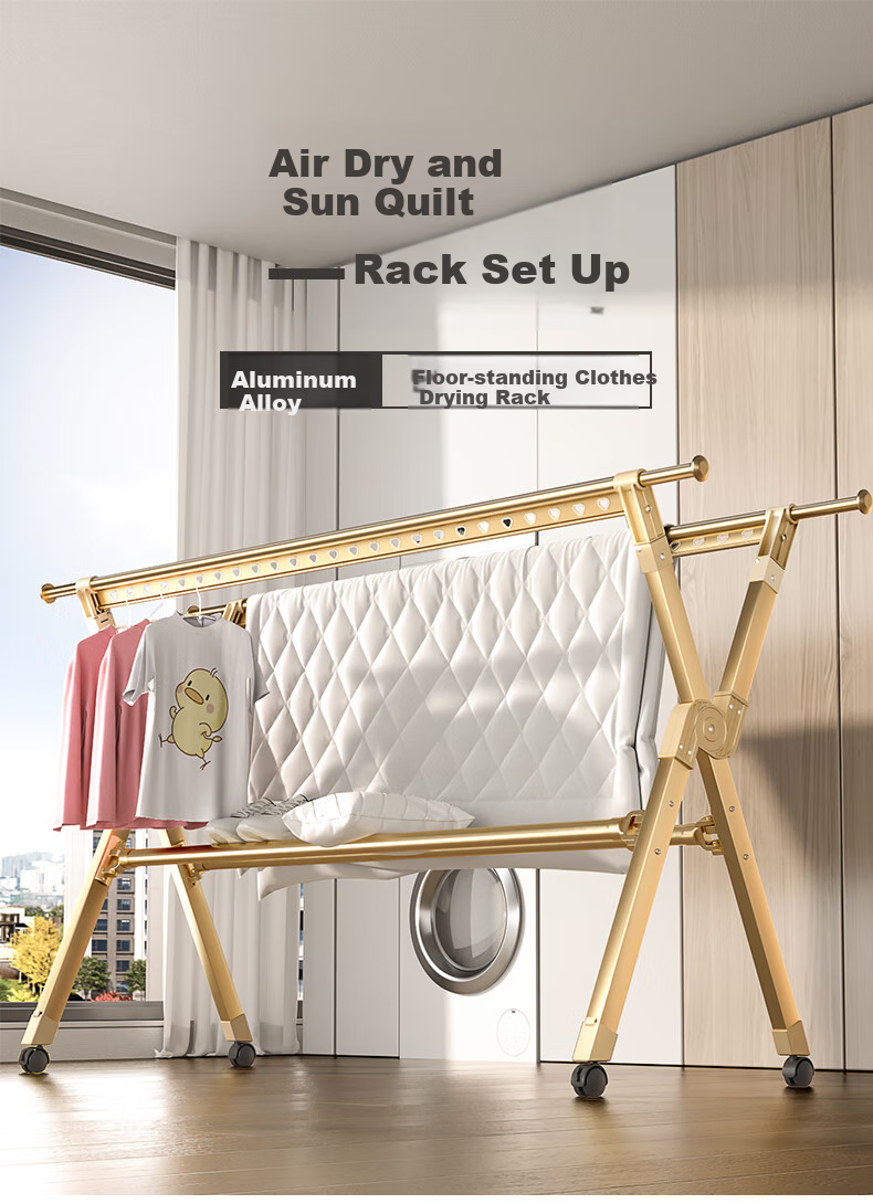 HKG Folding Aluminum Alloy Clothes Drying Rack, Extendable Indoor Balcony Household Clothes And Quilt Drying Stand, Clothes Hanger 5