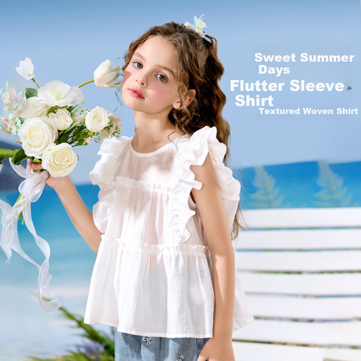 ASK JUNIOR Kids Summer Shirt Youth Flutter Sleeve Shirt Big Kids Girls Breathable White 170 1