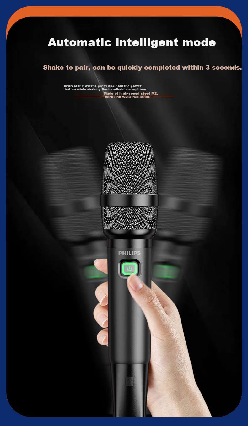 PHILIPS Wireless Microphone for KTV Performances, 120-Meter Range Transmission, Anti-Howling, Multi-Room Echo, Car-Mounted, Type-C with Built-In Battery 2