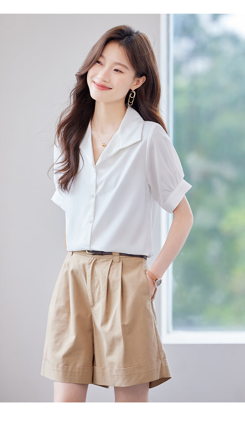 Jeanswest Women's Summer Short Sleeve Shirt Lapel Design Commuter Professional Cardigan White S 8