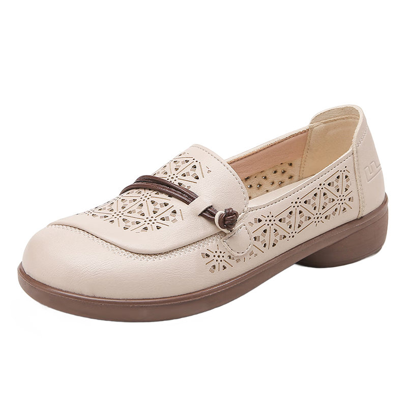 Huili Mom Shoes, Middle-Aged And Elderly Summer Flats, Soft Sole Comfortable Non-Tiring Women's Shoes, Middle-Aged Leather Shoes Sandals, 0121 Beige, Size 36