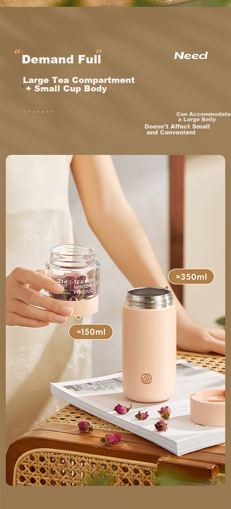 RELEA Insulated Water Bottle Unisex Tea Separation Cup Large Capacity 316L Stainless Steel Independent Tea Compartment Brewing Cup Floral Tea Mug 7