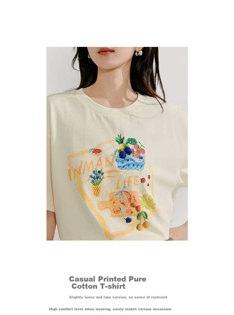 INMAN Casual Printed Pure Cotton T-Shirt, Women's Versatile Loose Short-Sleeve Top for Summer 2026, Light Apricot Color, Size M 1