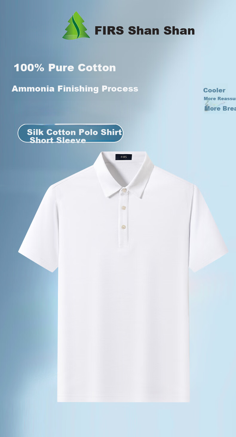 FIRS [100 Liquid Ammonia Pure Cotton] Short-Sleeve Polo Shirt for Men, Summer High-End Wrinkle-Free Collared T-Shirt, White, Size L 1