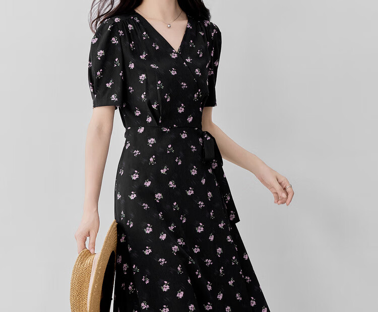 Shangdu Bila V-Neck Short Sleeve Printed Dress Women Summer Waist Slimming Tea Break Floral Elegant Commuter Mid-Length Dress 5