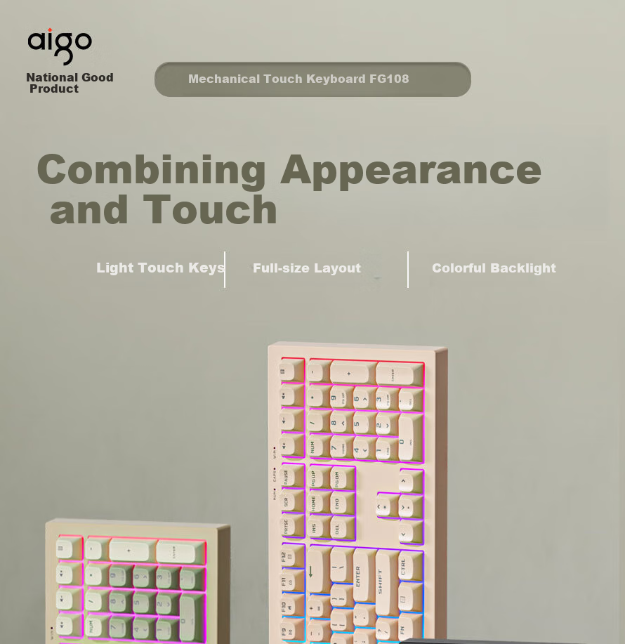 Aigo Mechanical Feel Keyboard, 108 Keys Full-Size Layout, Colorful Lighting, Wired Connection, Quiet Operation, Stylish Design for Men And Women, External Keyboard, FG108, General Black 1