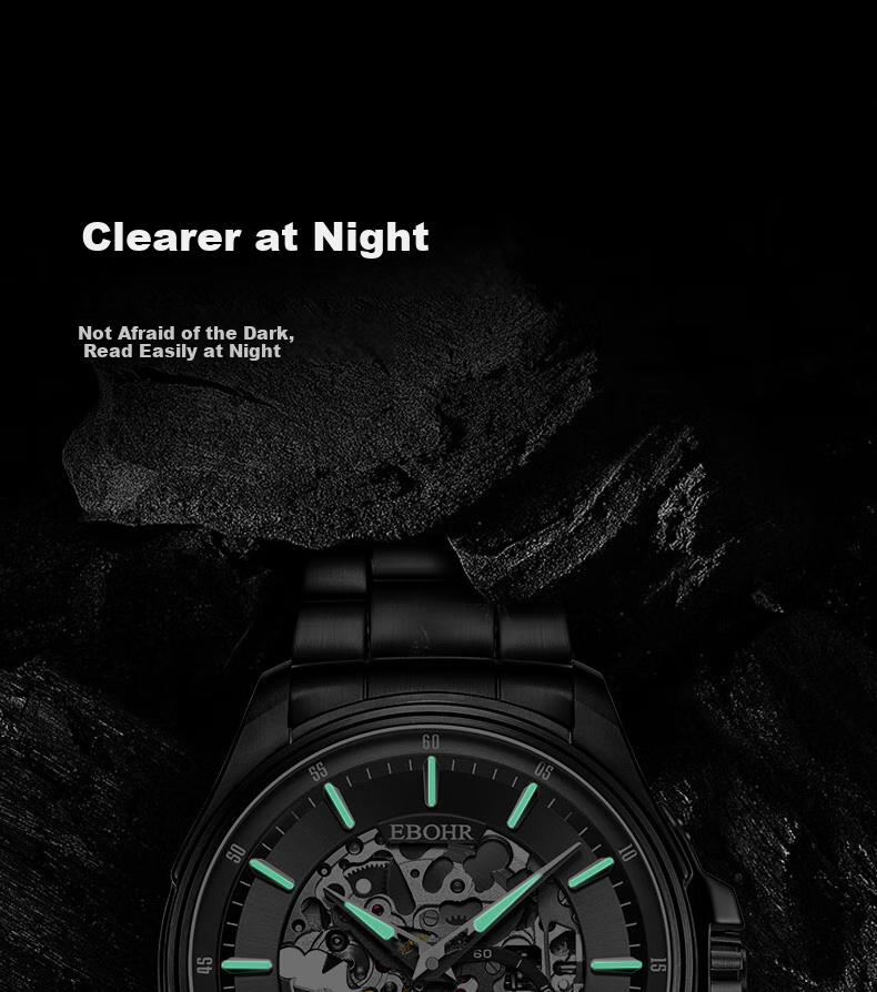EBOHR Explorer Watch for Men, Glossy Black Skeleton Mechanical Watch, Birthday Gift for Men, Holiday Present, Model 51280215, Gift for Boyfriend 15