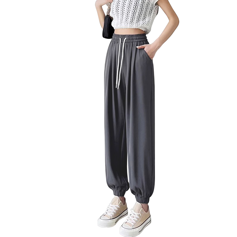 LangSha Sun Protection Ice Silk Pants for Women, Summer Cool-Feeling Ankle-Tied Casual Trousers, Loose-Fitting Slimming Lightweight Breathable Quick-Dry Sports Pants