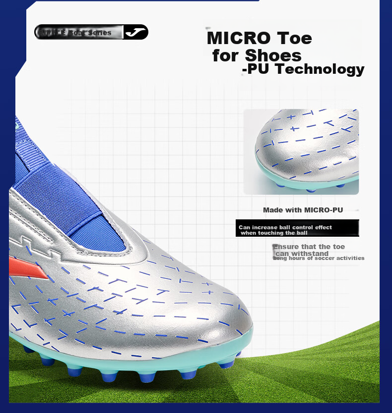JOMA Children's Soccer Shoes, MG Short Studs, for Artificial Turf Fields, Non-Slip, Wear-Resistant, Professional Competition Football Training Shoes, Metallic Silver, Size 33 9