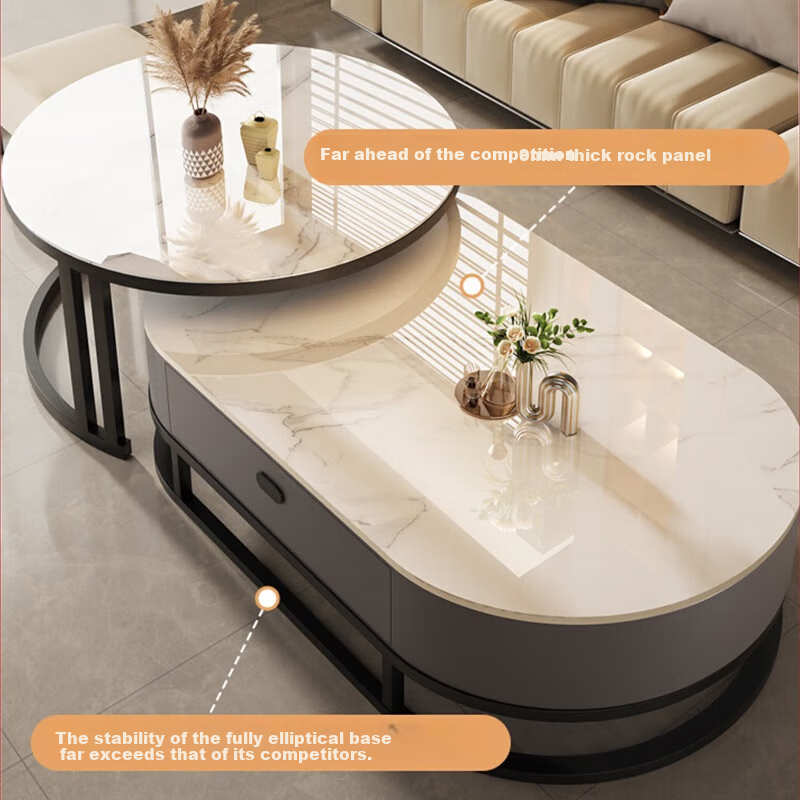 XIAOJIANGCAI Rock Slab Coffee Table, Living Room Modern Minimalist Tea Table, Oval Combination Coffee Table, Snow White Rock Slab, Black Frame, Gray Cabinet, 80