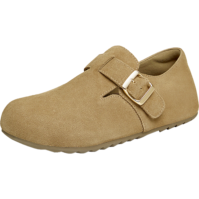 TATA Retro Birkenstock-Style Women's Shoes, Deep-Mouth Cotton Shoes, Fluffy Flat Single Shoes, Yellow-Brown (Full-Coverage Style), Size 36