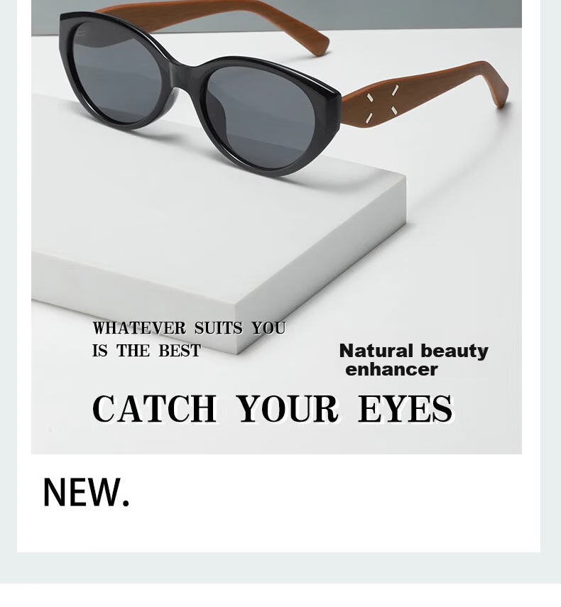 Boshide Sunglasses, Polarized Sunglasses, Cat Eye Retro Wood Grain Versatile Fashionable High-End Look, Glossy Black Frame with Gray Lenses 6