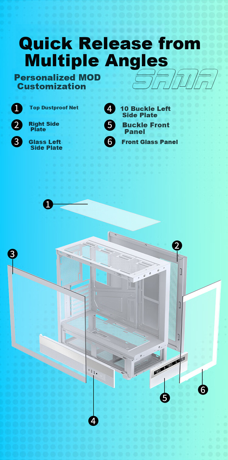 SAMA Jinghong Screen Version, White ATX Seaside View Gaming Computer Case, Hardware Status Display, 270° Panoramic View, Supports 360 Water Cooling, 9 Fan Positions, Type-C 4