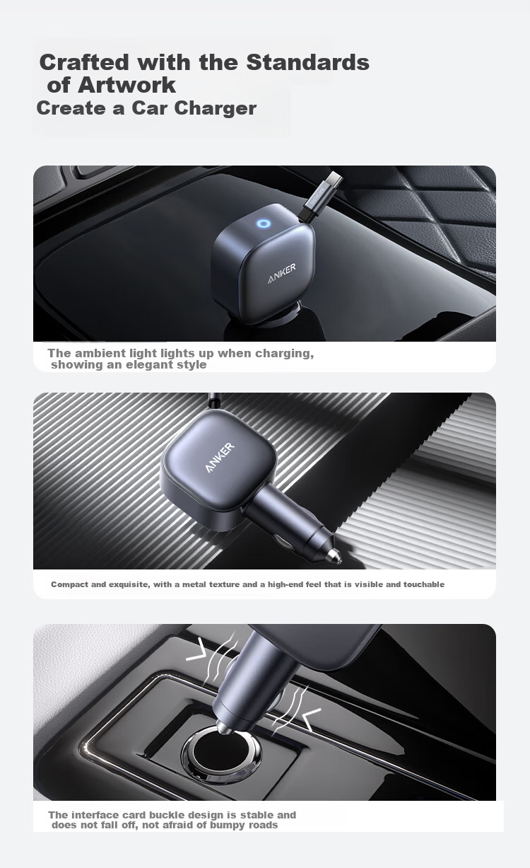 ANKER Car Charger UFCS75W with Retractable Cable, Compatible with DJI Drones And Cigarette Lighters, Adapter for Super Fast Charging 12V/24V, Suitable for Apple, Huawei, Xiaomi 12