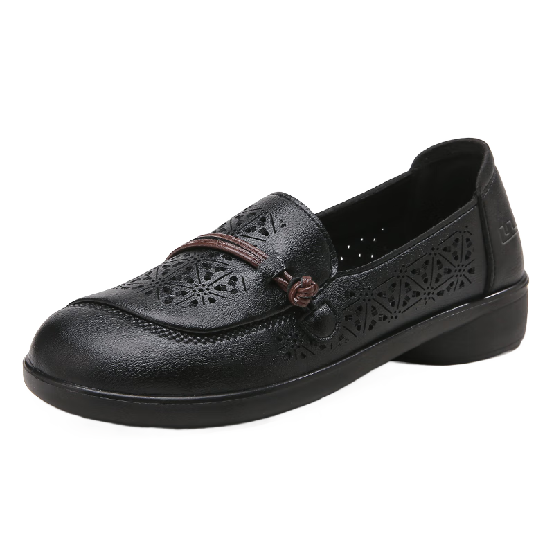 Warrior Mom Shoes Middle-aged and Elderly Summer Single Shoes Soft Sole Comfortable Non-tiring Women's Shoes Middle-aged Leather Sandals 0121 Black 35