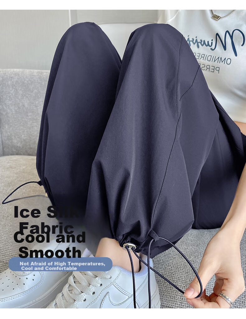 Jeanswest Navy Blue Quick-Dry Cargo Pants for Women, Summer New High-Waisted Slimming Wide-Leg Trousers, Casual Straight-Leg Pants for Petite Figures 2
