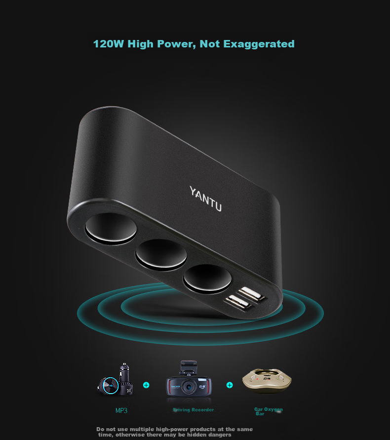Yantu Car Charger Super Fast Charging Cigarette Lighter Adapter Three-In Dual USB Voltage Detection LED Black B08 7