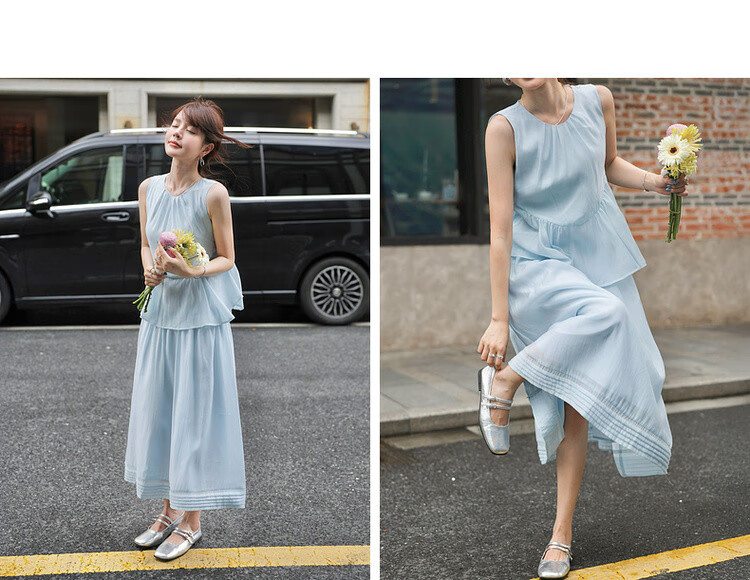 Mt [Shuxiang Laisai] Summer European Style Two-Piece Elegant Sweet Sleeveless Dress for Petite Women, Long Length 12