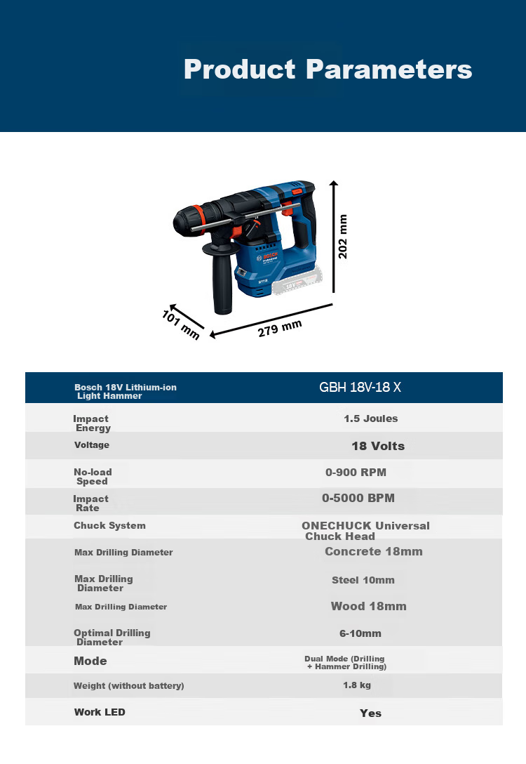 BOSCH Rotary Hammer Drill Brushless 18V Lithium Battery with Accessories Kit GBH-18V Dual Battery Universal Chuck Versio 13