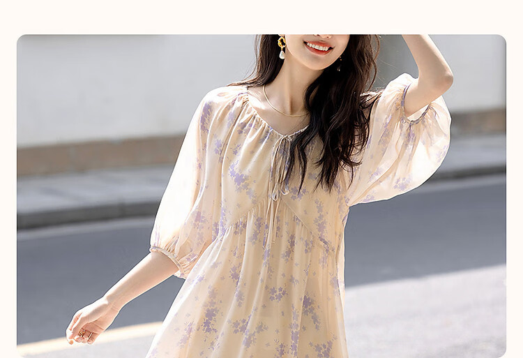 Demana "Human Elegance" Summer Lightweight 75D Chiffon Beaded Floral V-Neck Drawstring Puff Sleeve Women's Dress 4