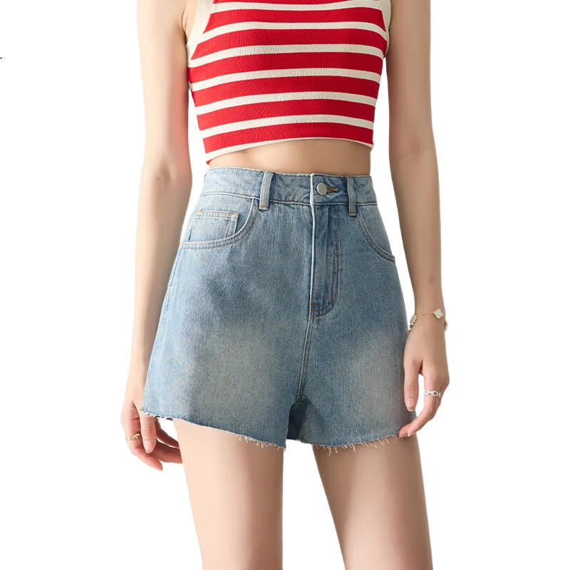 LangSha Women's Loose-Fit Denim Shorts, Lightweight Summer Style with Frayed Edges, Straight-Leg Slimming A-Line Wide-Leg Pants, Casual Versatile Hot Pants for Outdoor Wear