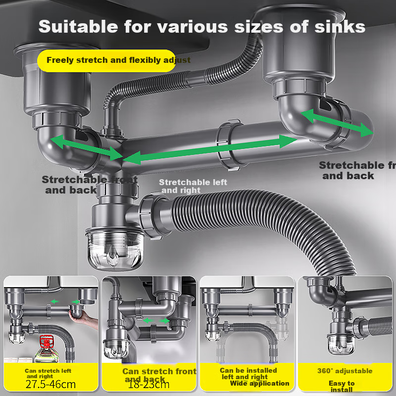 Haili Kitchen Sink Drain Pipe Complete Set, Double Sink 110mm Drainage System, Dishwashing Basin Drainage Pipe Kit Accessories S18