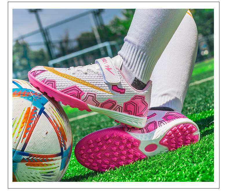 Shuangxing Children's Soccer Shoes, TF Turf Cleats, Summer Student Youth Big Kids Lightweight Non-Slip Wear-Resistant Football Boots, White And Pink, Size 34 16