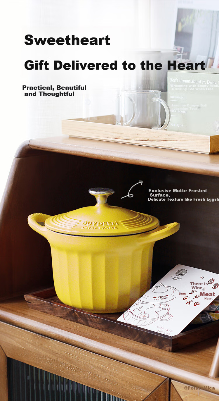 Buydeem Enamel Pot, Braising Small Round Pot, Double-Ear Cast Iron Pot, Stew Pot, 16cm Braising Pot, Light Gree 11