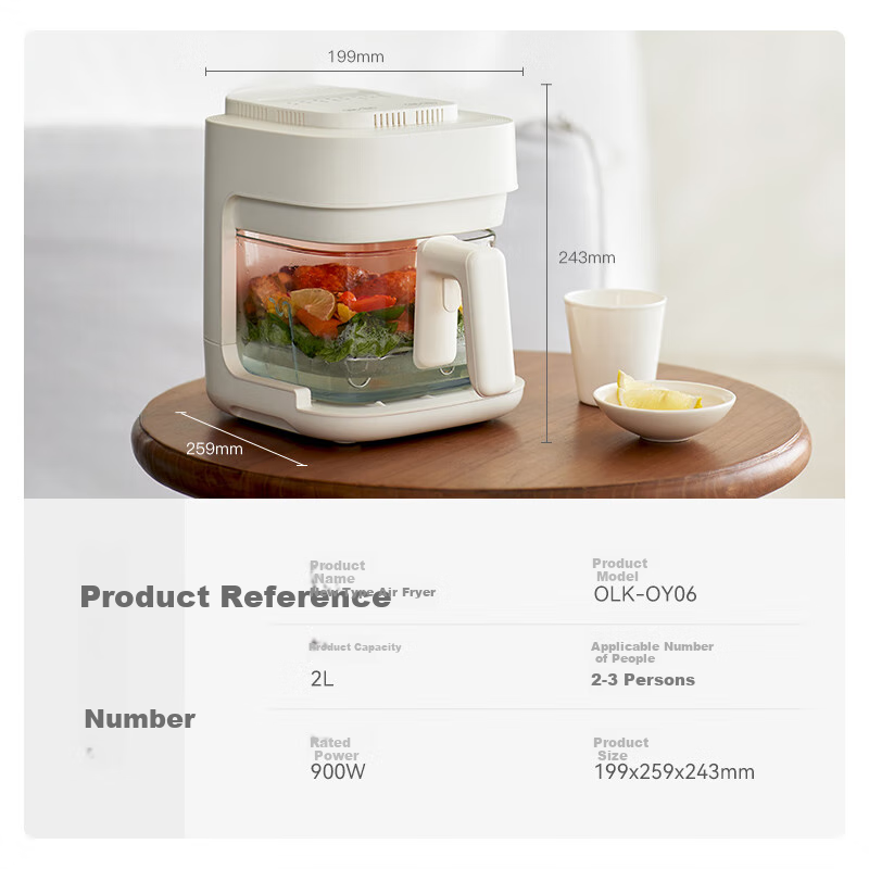 Olayks Air Fryer, Transparent Fully Glass Non-Coated, Home Air Fryer with Steaming And Baking Functions, No-Flip Steam Tender Frying Multi-Functional Electric Fryer, Small 2L Capacity
