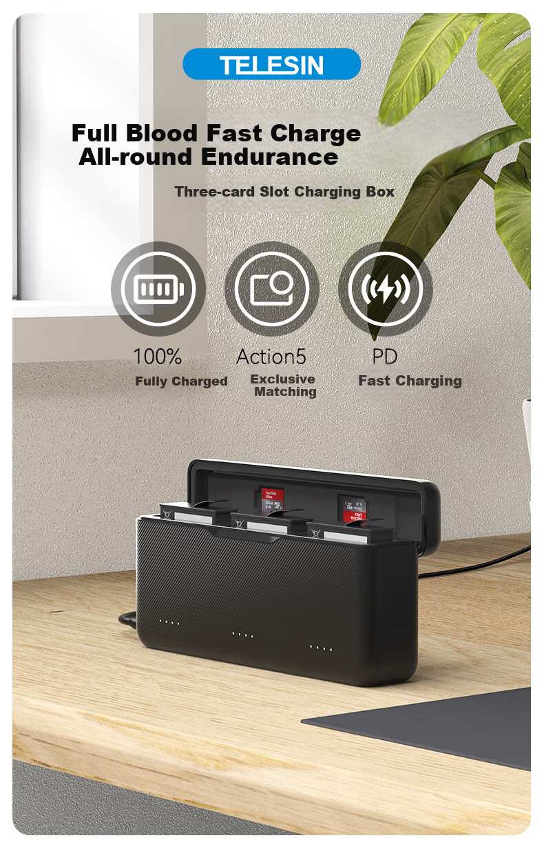TELESIN Compatible Battery Charging Case for DJI Action 5 Pro/6, Osmo Action 360 Charger, Battery Storage Box with Simultaneous Three Charging Ports, Card Storage Compartment 1
